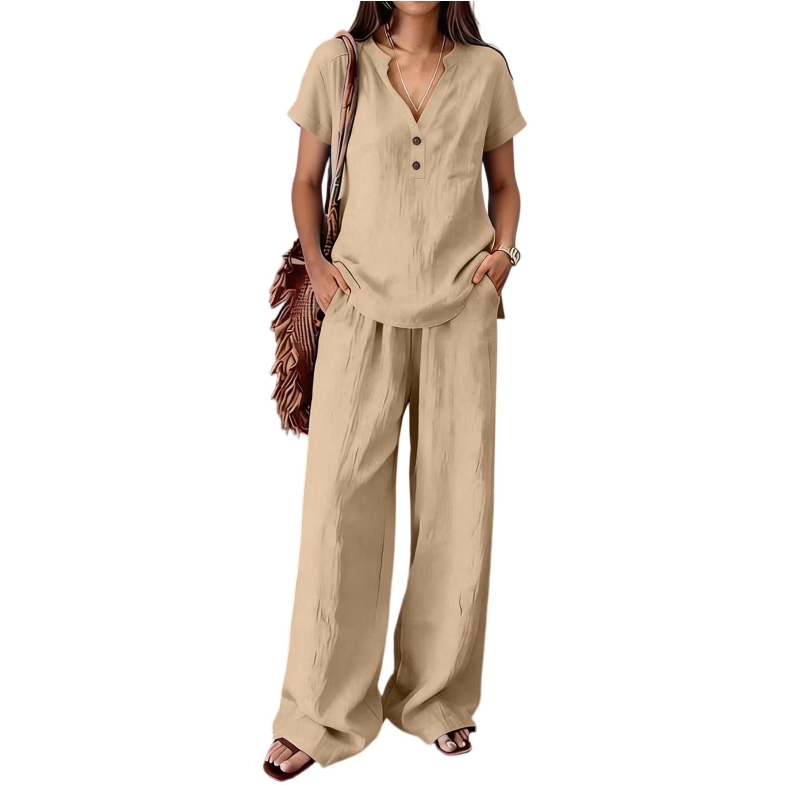 Women's Solid Color Cotton Linen V Neck Button Front Top and Wide Leg ...